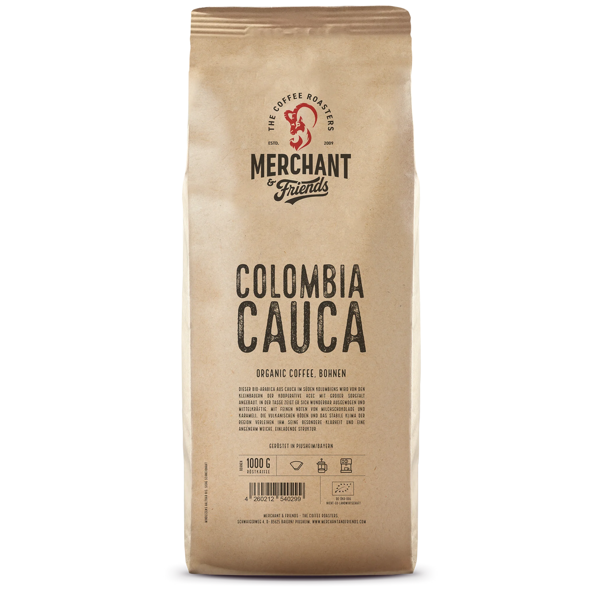 Colombia Cauca Bio Filterkaffee 1kg ganze Bohne — Single Origin Filter aus Kolumbien, Region Cauca | Merchant & Friends