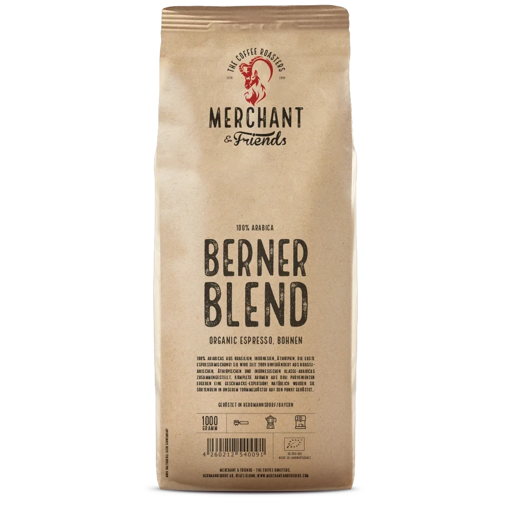 Berner Blend Bio Espresso 1kg ganze Bohne — Eleganter 100% Arabica-Espresso aus Brasilien, Äthiopien, Indonesien | Merchant & Friends