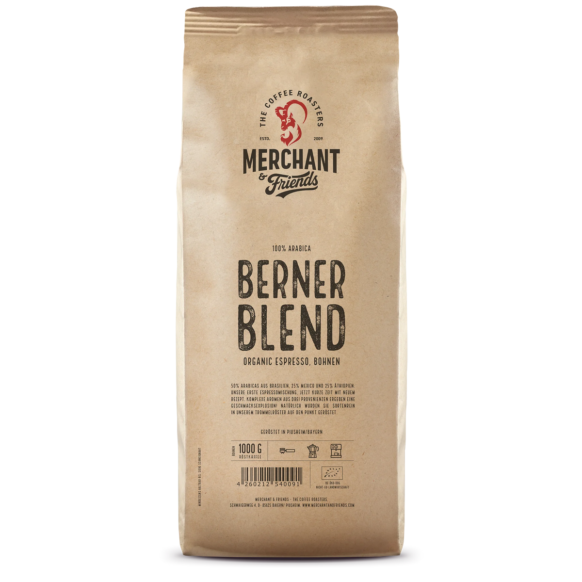 Berner Blend Bio Espresso 1kg ganze Bohne — Eleganter 100% Arabica-Espresso aus Brasilien, Äthiopien, Indonesien | Merchant & Friends
