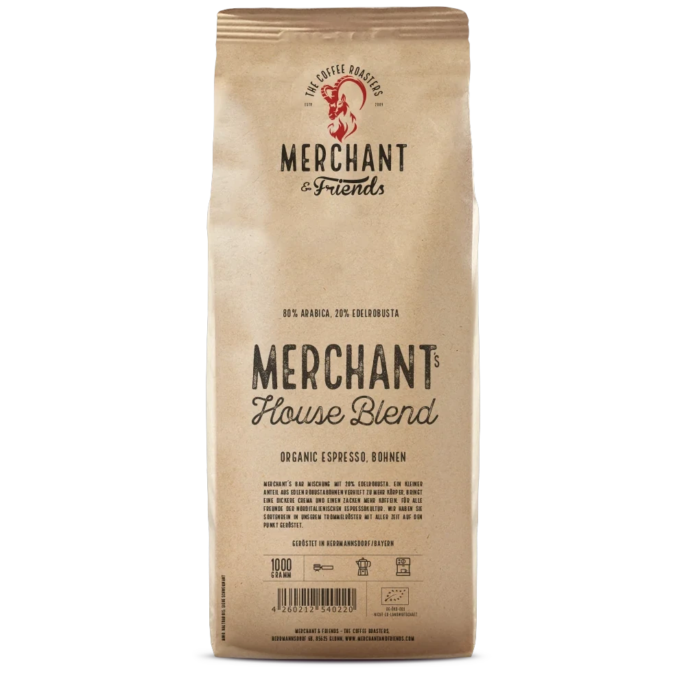 Merchant's House Blend Bio Espresso 1kg ganze Bohne — Klassiker mit dichter Crema aus Brasilien, Äthiopien, Indonesien, Tansania | Merchant & Friends