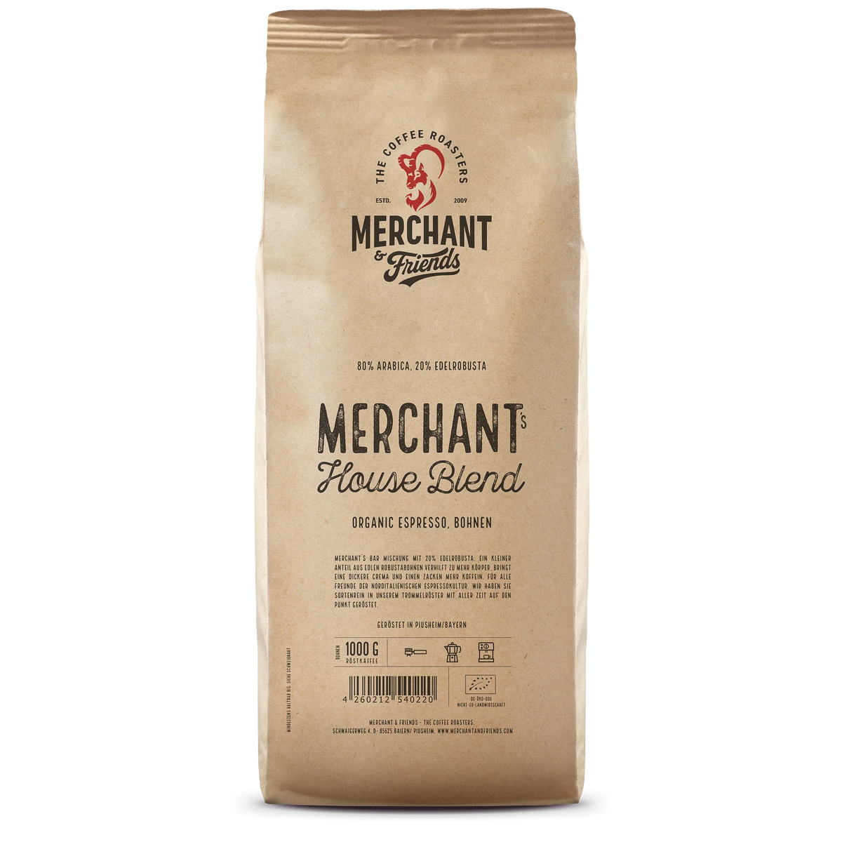 Merchant's House Blend Bio Espresso 1kg ganze Bohne — Klassiker mit dichter Crema aus Brasilien, Äthiopien, Indonesien, Tansania | Merchant & Friends