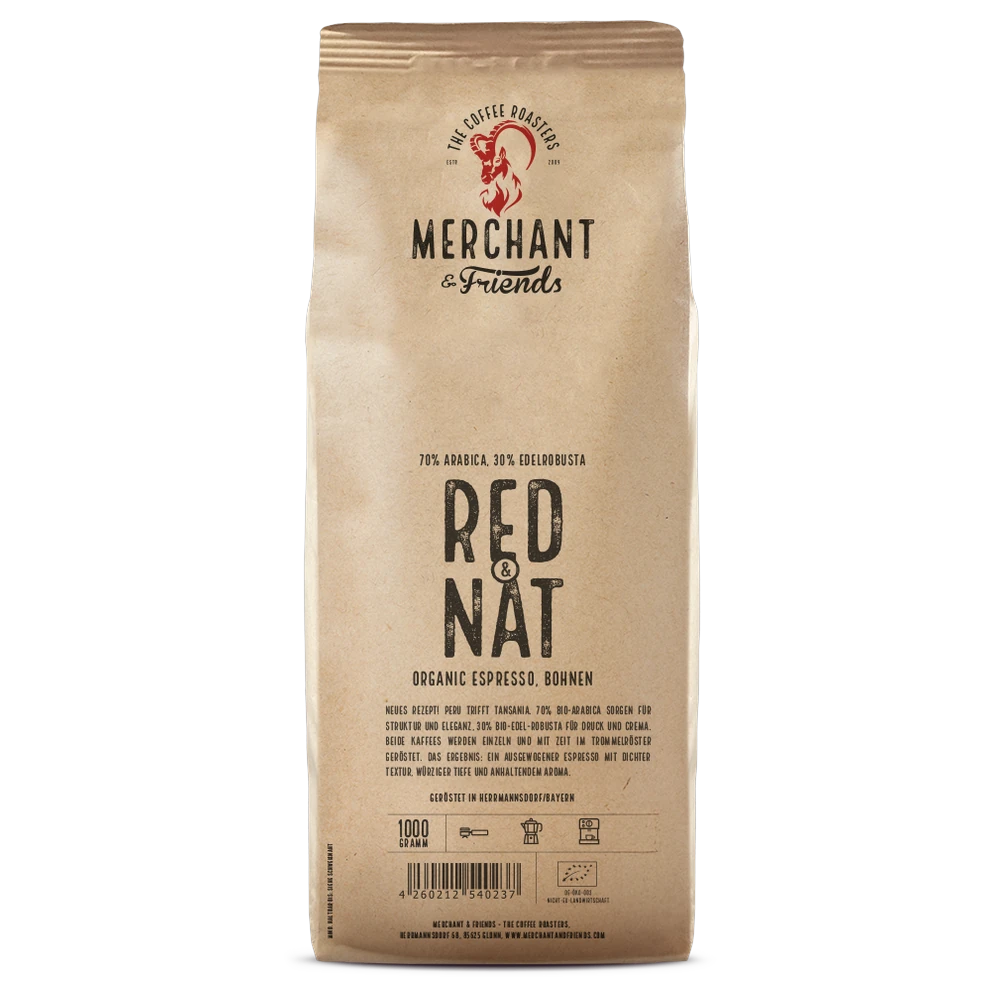 Red & Nat Bio Espresso 1kg ganze Bohne — Schokoladiger Espresso mit Natural Process aus Peru, Tansania | Merchant & Friends